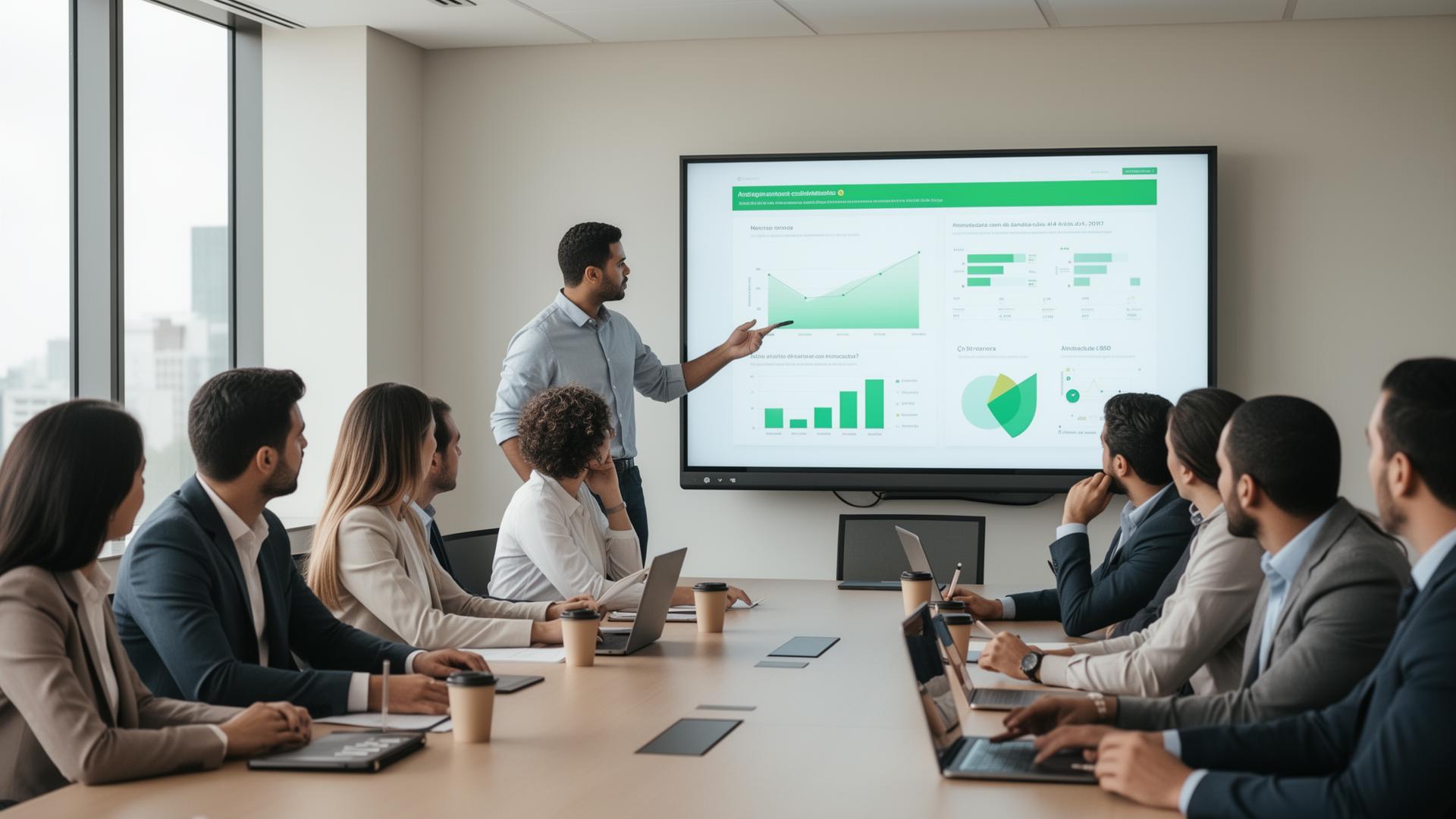 Gestor apresentando gráficos para equipe